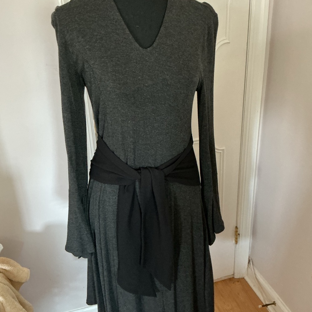 Neiman Marcus Charcoal Long Sleeve Dress with Black Tie